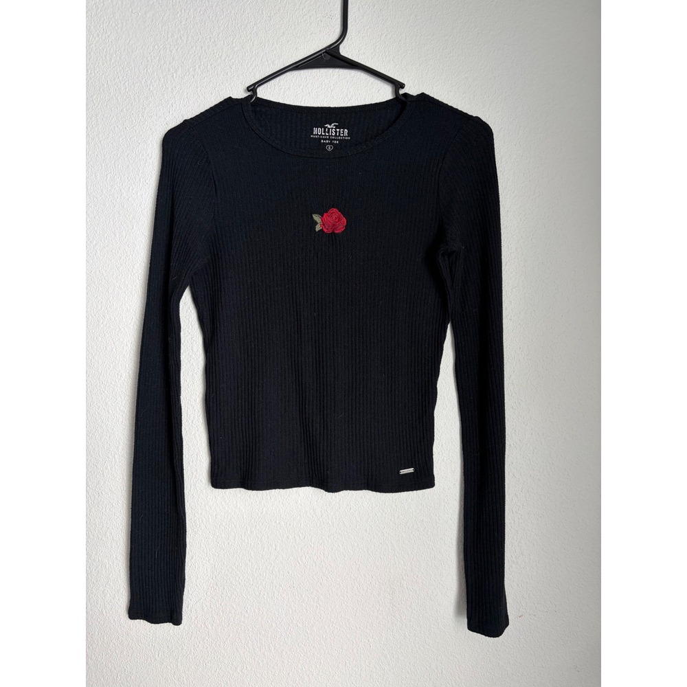 Hollister Black Ribbed Long Sleeve‎ Baby Tee Red Rose Embroidered Top Small